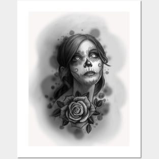 Day of the Dead Girl Black and White Pencil Sketch Posters and Art